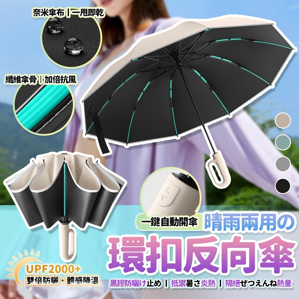 [泰格爾]60骨強抗風 扣環反向傘 晴雨兩用傘 雨傘 陽傘 折疊傘 防曬降溫 安全反光環 反向收傘不滴水 C130