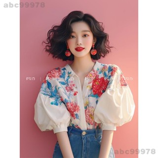 abc99978獨特漂亮小衫淑女氣質法式小上衣泡泡袖碎花襯衫新款女裝夏季