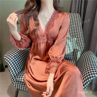 Xuan🥨法國宮廷公主風格女士睡裙蕾絲性感與胸墊長袖睡衣