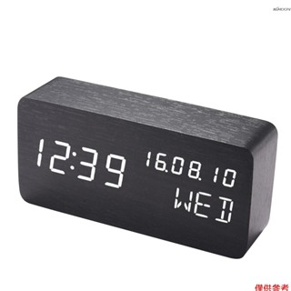 黑木白字 LED聲控數位木頭鬧鐘時鐘2102（USB充電或電池兩用，出貨不含電池/三擋亮度可調/攝氏度和華氏度/日期星