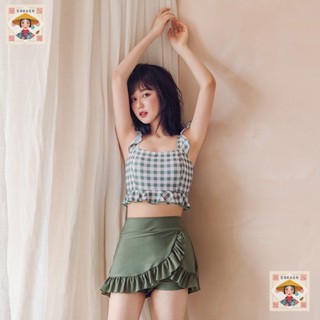 【生活館】迴頭率超高！顯瘦顯白綠格子兩截式泳衣 裙褲式少女泳裝 保守型泳裝 可愛泳衣 分體泳裝 有胸墊無鋼圈 泡湯溫泉度