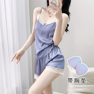 速發睡衣女夏季冰絲薄款性感吊帶褲帶純欲風蕾絲帶胸墊家居服兩件套女士夏季冰絲薄款性感吊帶睡衣旗袍扣