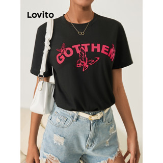 Lovito 女式休閒字母蝴蝶基本款T恤 LBL09168