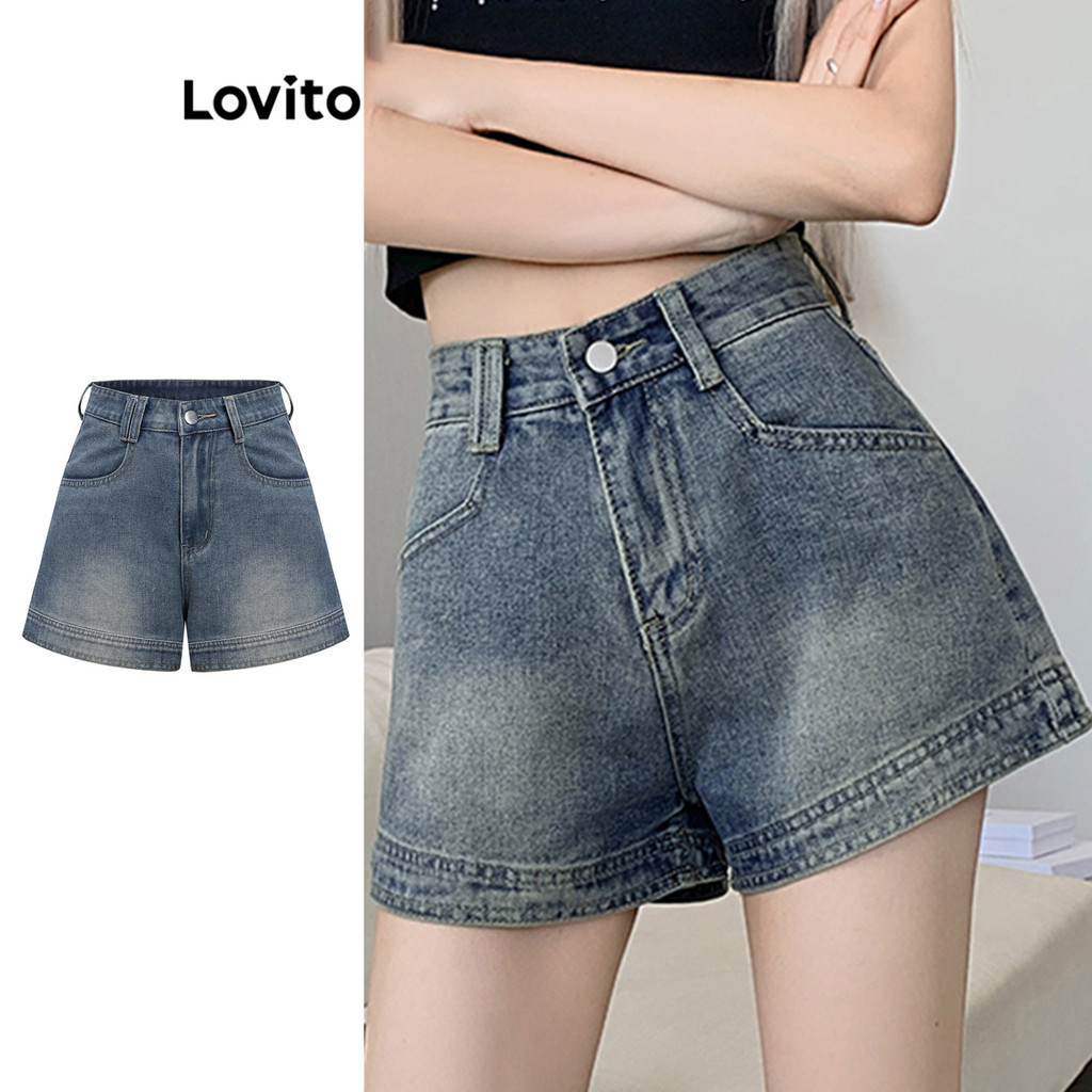 Lovito 女休閒平紋口袋牛仔短褲 LBA79091