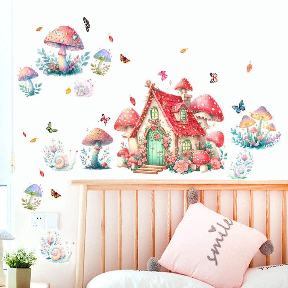 卡通可愛蘑菇小房子牆貼,兒童房幼兒園裝飾牆紙自粘粉色少女心貼畫