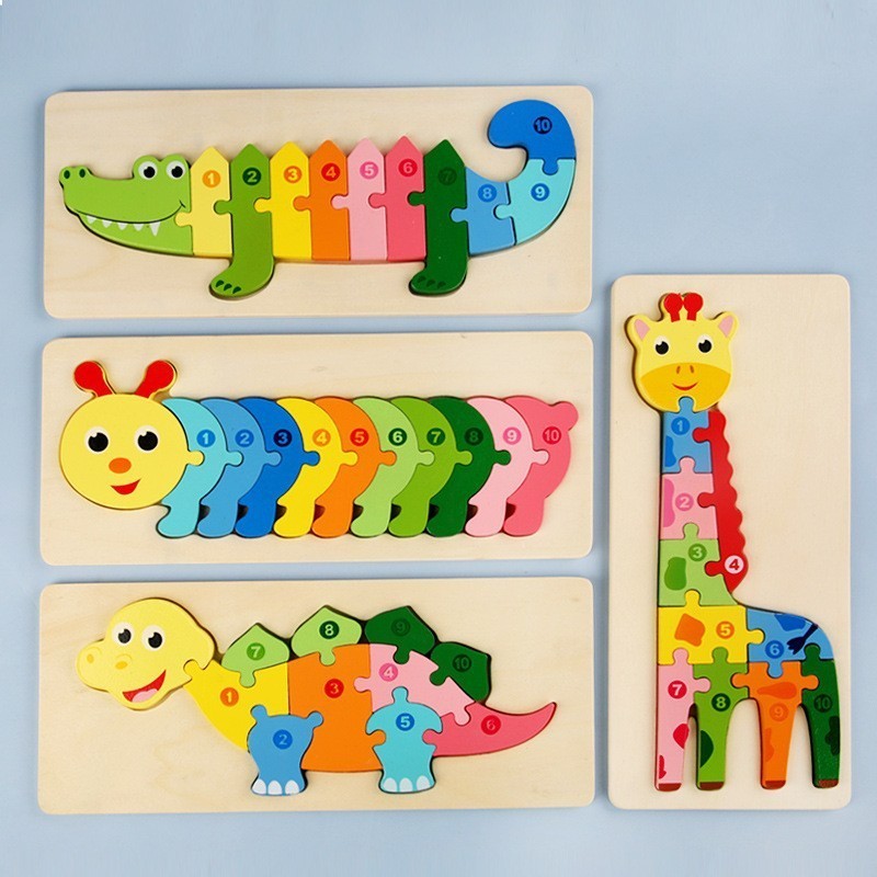 木質3D動物立體卡扣拼圖 兒童數字認知動物字母拼圖啟蒙拼圖玩具