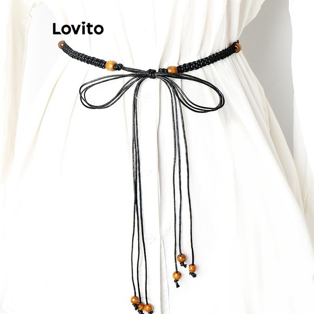 Lovito 女式波西米亞素色串珠編織腰帶 LFA27500