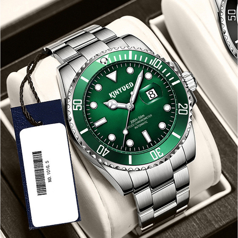 KINYUED 綠水鬼全自動機械錶 不鏽鋼男士機械手錶 防水夜光商務男表 鋼錶帶 K048