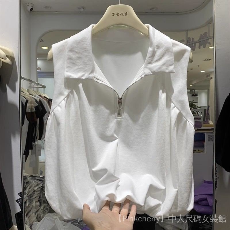 M~4XL 女裝 大尺碼女裝 翻領POLO衫無袖T恤女 大尺碼上衣 YVGP