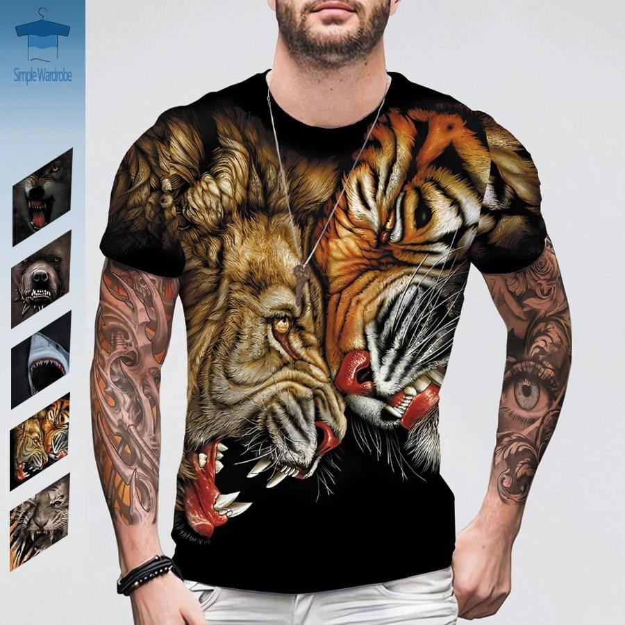 野生動物虎獅狼鬥牛犬鯊魚 3D 打印圖形 T 恤男士超大服裝短袖夏季 O 領上衣