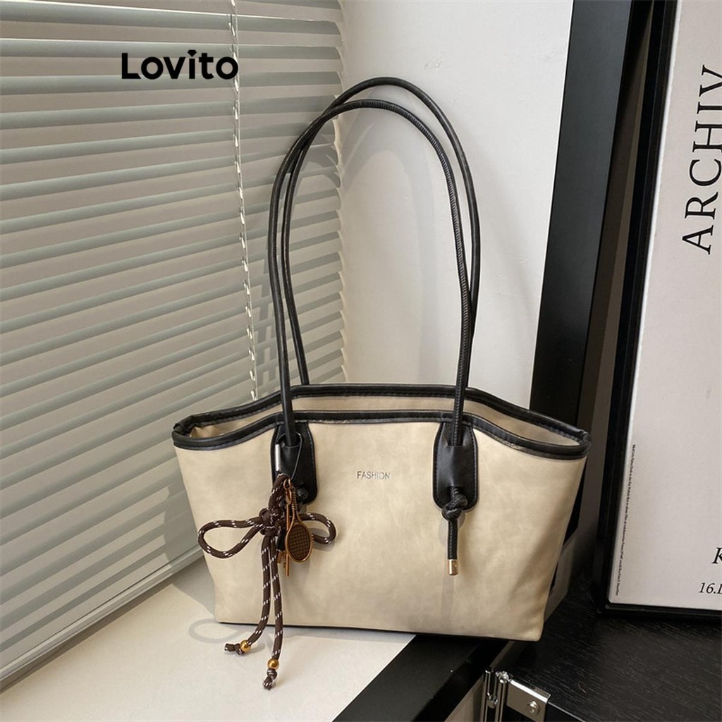 Lovito 休閒素色流蘇撞色膠帶大容量質感通勤簡約學生美拉德色單肩托特包女式 LFA60015