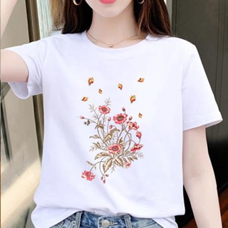 胖胖美依 短袖T卹 上衣 印花上衣 中大尺碼 S-4XL新款休閒花朵遮肉韓版外穿印花可愛上衣-5039.