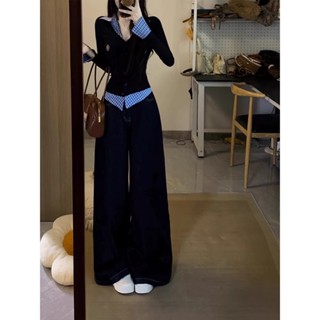 【HOT 本舖】 純欲韓系格紋假兩件polo領正肩長袖女春修身設計感上衣牛仔褲套裝
