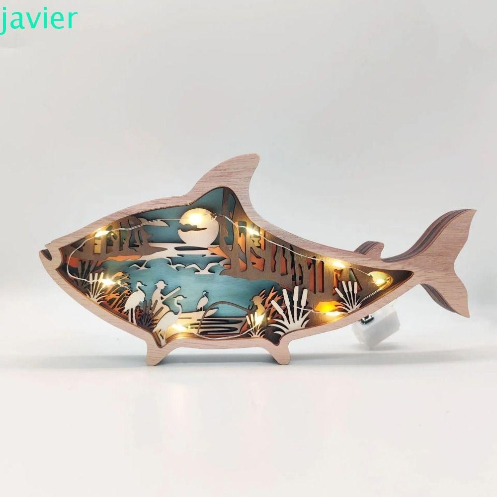 JAVI1ER船用木製工藝品擺件,創意3D空心魚雕刻裝飾,雕刻魚海星扇貝木製的小雕像裝飾品生日