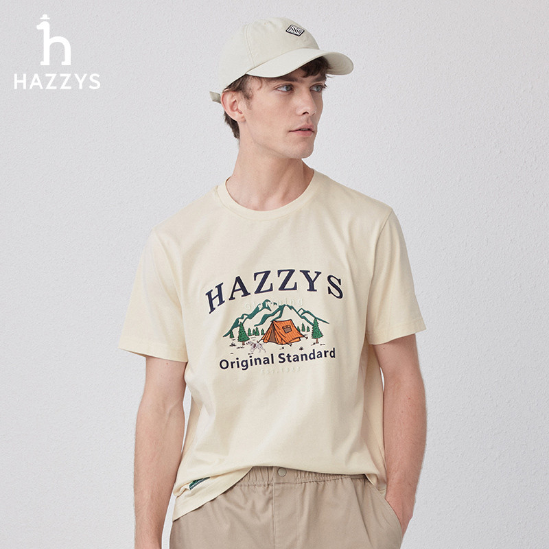 Hazzys 男士新款純色印花圓領短袖簡約T恤休閒上衣