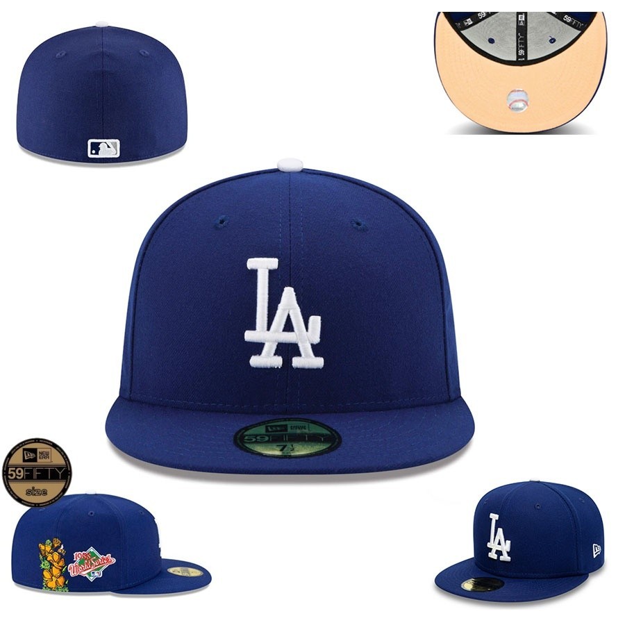 Mlb 洛杉磯道奇隊合身帽子青年嘻哈平簷棒球帽 LA 男式全封閉尺寸帽子藍色帽子