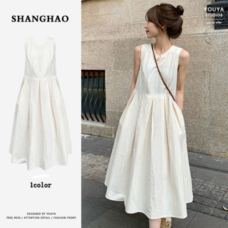 休閒洋裝連衣裙女夏季白色法式無袖簡約中長連衣裙 S-XL