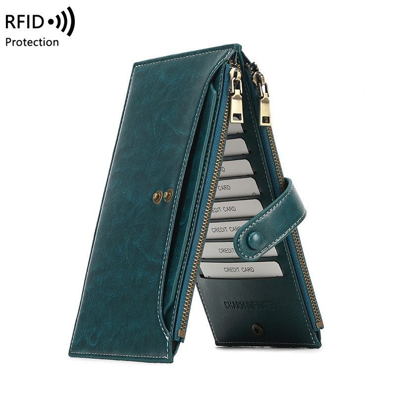 KANG真皮熱銷RFID防磁錢包雙層拉鍊手機包皮夾歐美新款大容量長款錢包
