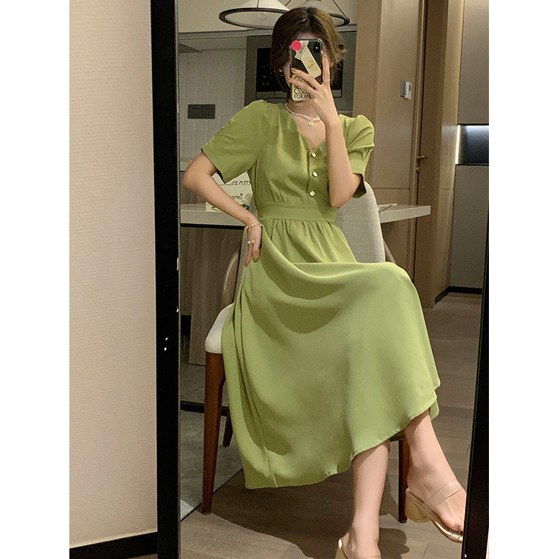 CYZB 夏裝新款女裝酪梨綠洋裝女復古法式v領A字裙收腰顯瘦綁帶長裙