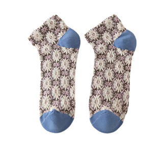 女式藍色襪子復古仿古薄短襪七彩花朵