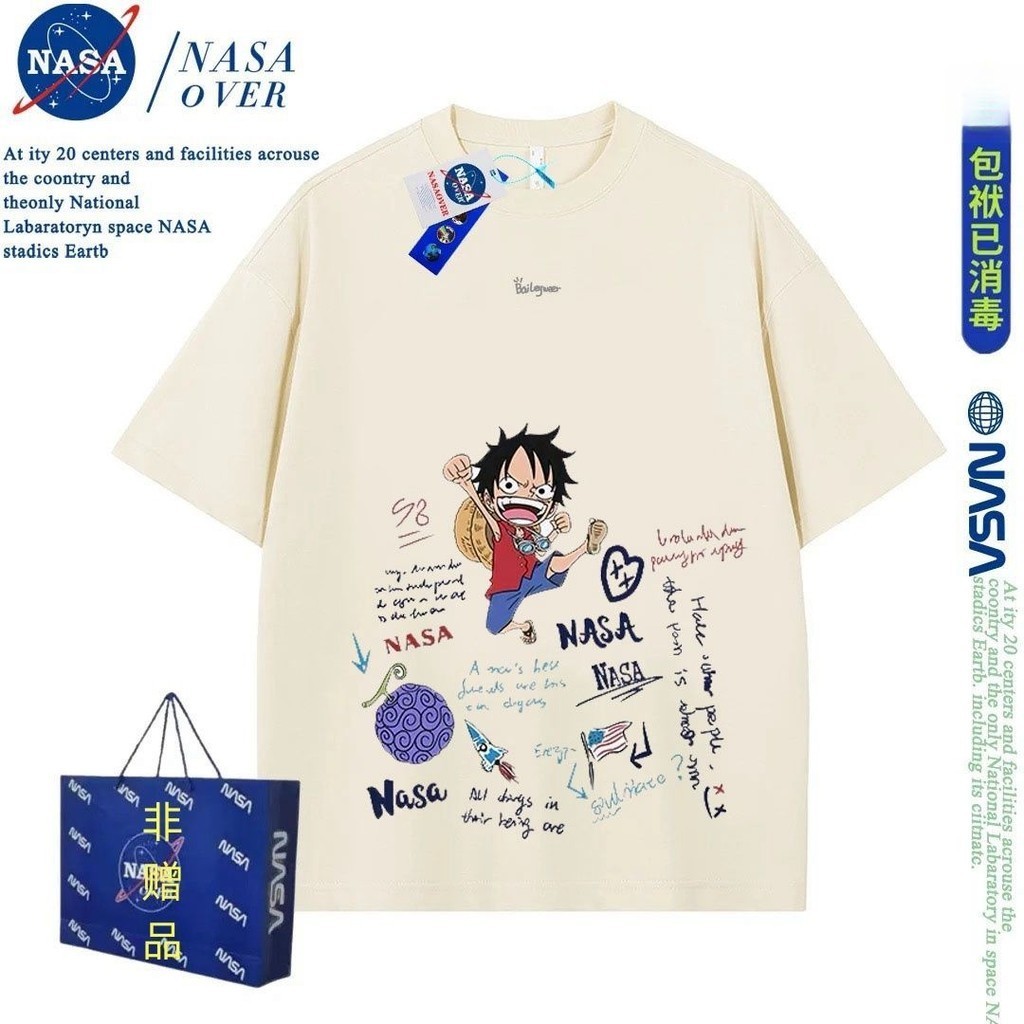 one piece NASA海賊王路飛純棉T恤夏季新款男生卡通聯名短袖寬鬆衣服