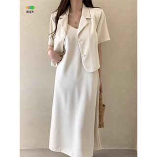 ♘rove[限時低價] 韓國chic夏季法式氣質西裝領百搭短袖外套+素色吊帶洋裝兩件套 實拍