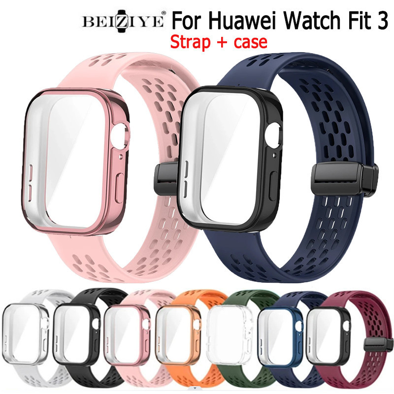 適用Huawei Watch Fit 3磁吸扣表帶華為fit3表壳摺疊扣矽膠錶帶 Huawei fit3 手環運動錶帶