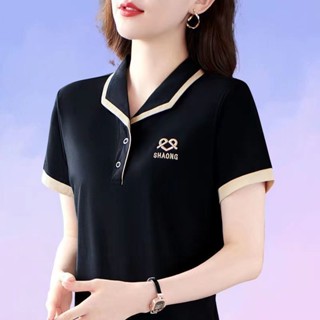 韓版夏季媽媽短袖t恤女運動休閑上衣polo衫顯瘦減齡大碼氣質 有領子上衣 短袖POLO衫女 夏季短袖