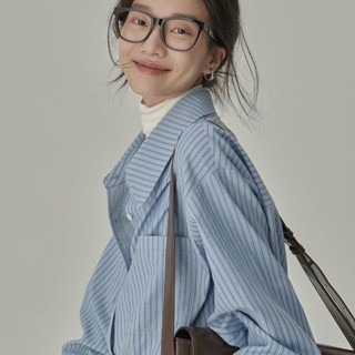 💖臺灣出貨💖條紋襯衫 長袖襯衫 翻領襯衫 女裝 春季新款百搭設計感寬鬆藍色條紋襯衫女裝2024外穿垂感襯衣上衣女