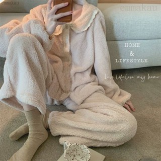可愛娃娃領珊瑚絨睡衣女 鼕季韓版新款居傢服 刷毛加厚親膚毛絨睡衣 休閒保暖傢居服兩件套裝 大尺碼emma
