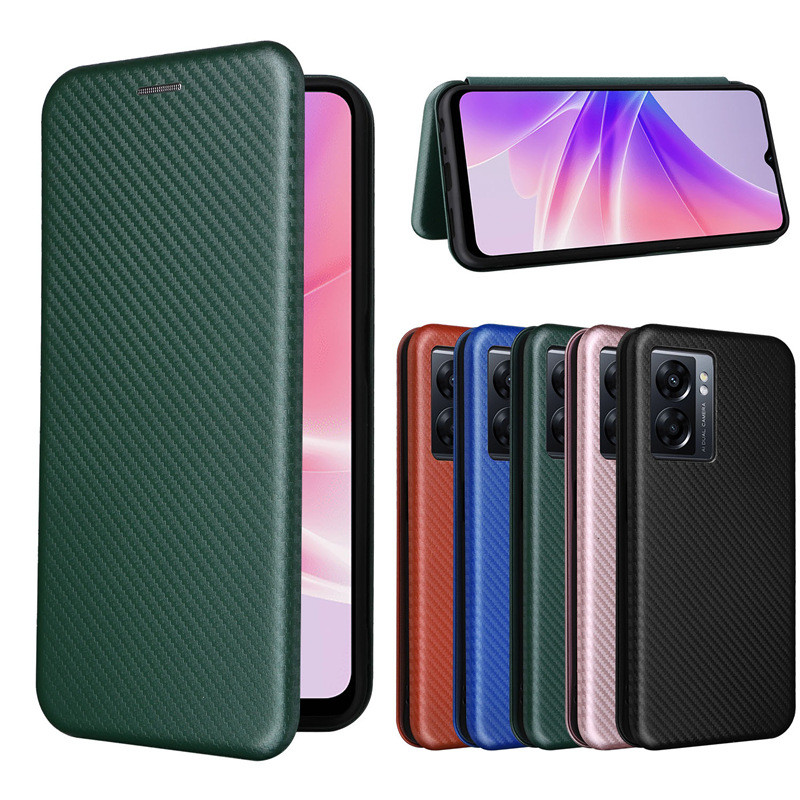 適用OPPOA57 4G/A77 4G/A57E/A57S耐磨耐髒碳纖維保護套插卡磁扣翻蓋皮套素面色書本式手機殼