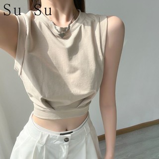 【Su Su】100%純棉 短版無袖上衣 ins簡約風 純色圓領無袖背心上衣 女生設計感背心 寬鬆 百搭 顯瘦 高腰短款