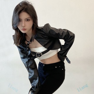 桃園出 特價橘黃色日落 ▏炫酷黑色機車服上衣金屬扣綁帶皮衣女PU皮帥氣百搭短外套|