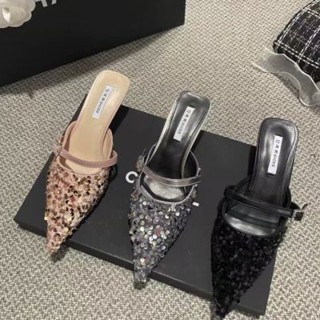 Fashion☆原創 高跟半托單鞋2025春季法式小眾氣質黑色亮片包頭半拖鞋鞋子女春夏 低跟鞋 尖頭低跟鞋