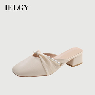IELGY 包頭半拖鞋女2025夏季新款中跟粗跟法式珍珠穆勒涼鞋
