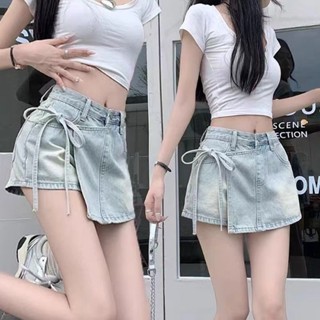 假兩件牛仔短褲子 夏天薄款短褲 A字褲 顯瘦辣妹短裙高腰牛仔褲 不規則綁帶半身裙女 小個子百搭ins小眾牛仔短款裙褲
