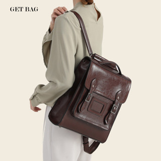 [GET BAG]雙肩包女2025新款 真皮女包 時尚油蠟牛皮女士雙肩揹包書包