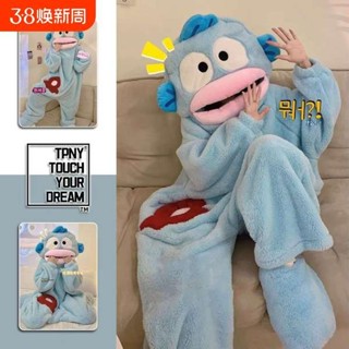 漢頓睡衣 醜魚 漢頓 漢頓醜魚連身睡衣女珊瑚絨加厚保暖秋冬季卡通搞怪情侶睡袍長款男
