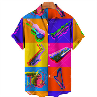 男士夏季夏威夷襯衫音樂吉他印花上衣服裝時尚休閒超大領搖滾襯衫
