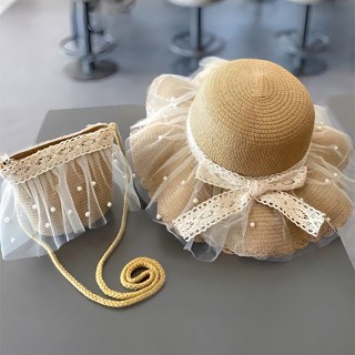 ✨現貨✨兒童防晒帽子夏季女童遮陽草帽包包套裝女寶寶洋氣蕾絲公主沙灘帽