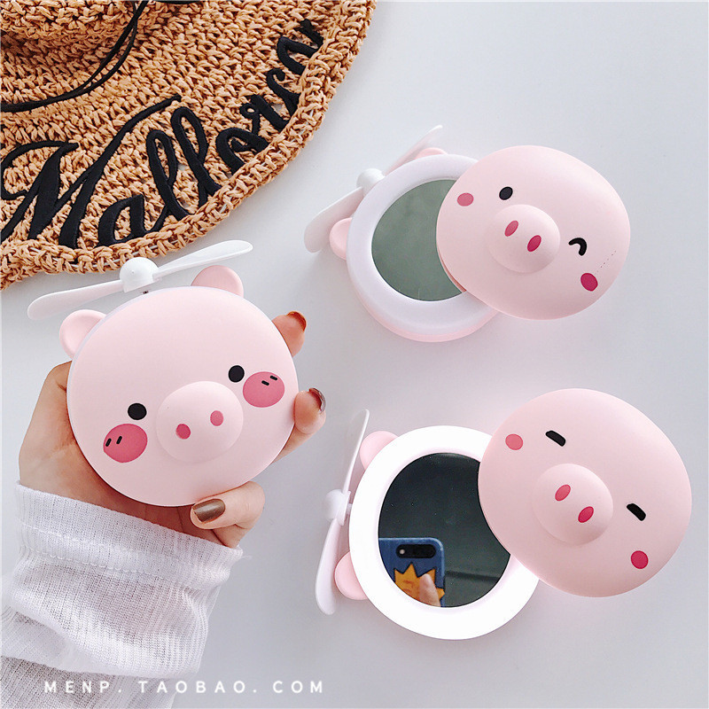 熱賣#熱賣#爆款粉色小豬化妝鏡充電小風扇迷你手持USB補光燈美妝鏡MQ4L IQ5F