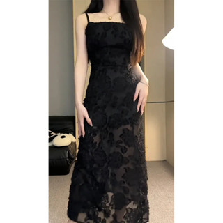 夏季新款黑色性感蕾絲吊帶洋裝氣質法式透視長裙裙子初春女
