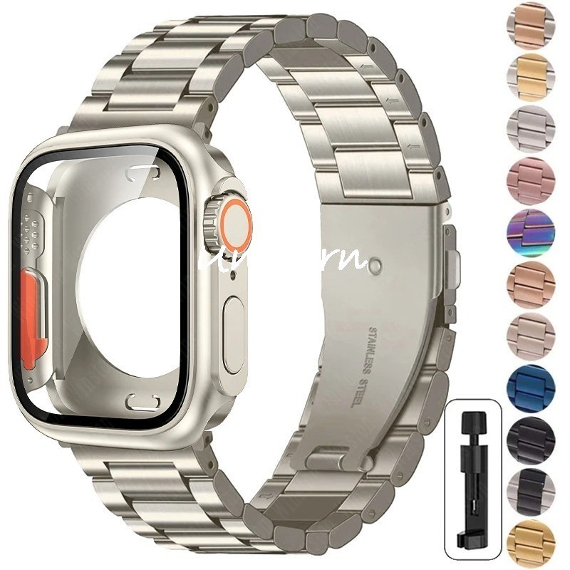 更換 Ultra 錶殼 + 錶帶適用於 Apple Watch 44 毫米 45 毫米金屬不銹鋼手鍊錶帶適用於 i Wa