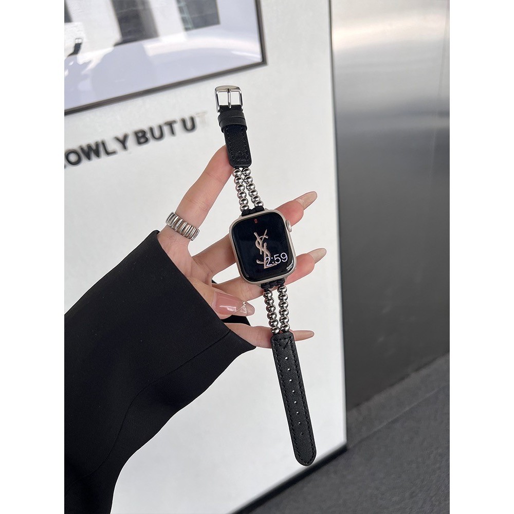 【特價】適用蘋果s8手錶帶iwatch765432se小眾新款皮繩皮拼鋼珠創意腕帶錶帶