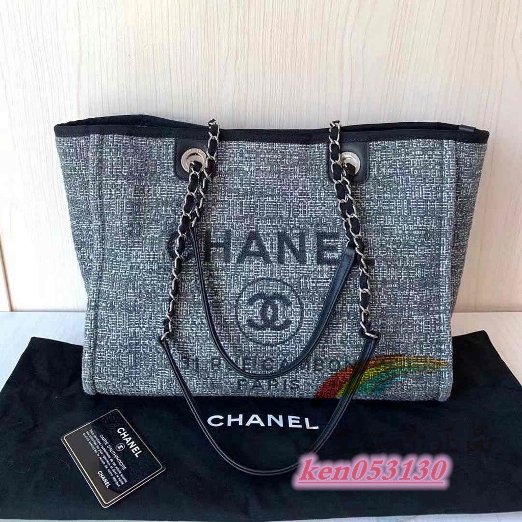 小艾二手Chanel 香奈兒 灰色中號沙灘包 帆布包 混合纖維 A66941 托特包 購物袋 斜背包 手提包 現貨+免運