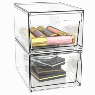 臻品家居 透明亞克力收納盒疊加盒化妝品收納盒桌麵整理盒抽屜式收納盒