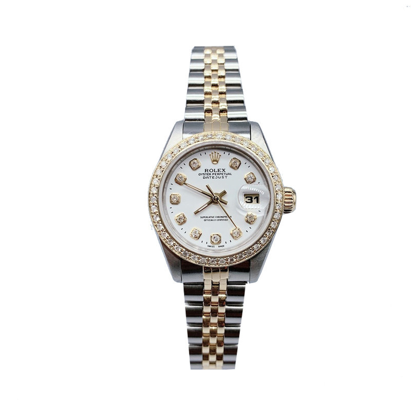 Rolex 女裝日誌18K黃金鑲鑽白盤自動機械手錶女士69173