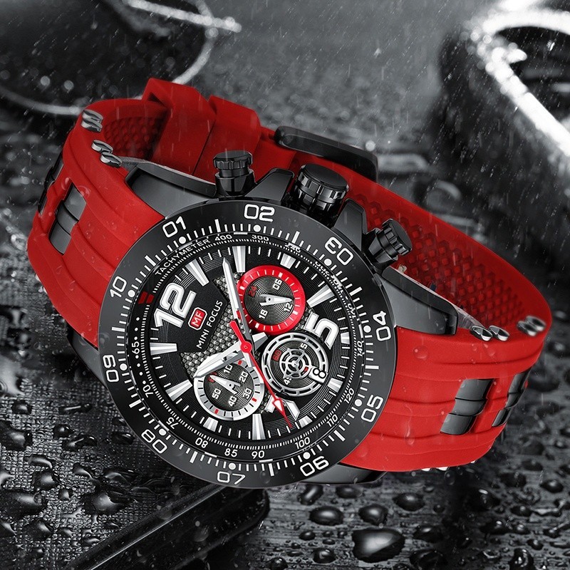 Mini FOCUS 0290G 時尚男士手錶頂級品牌豪華石英防水運動時鐘手錶 Relogio Masculino 紅色