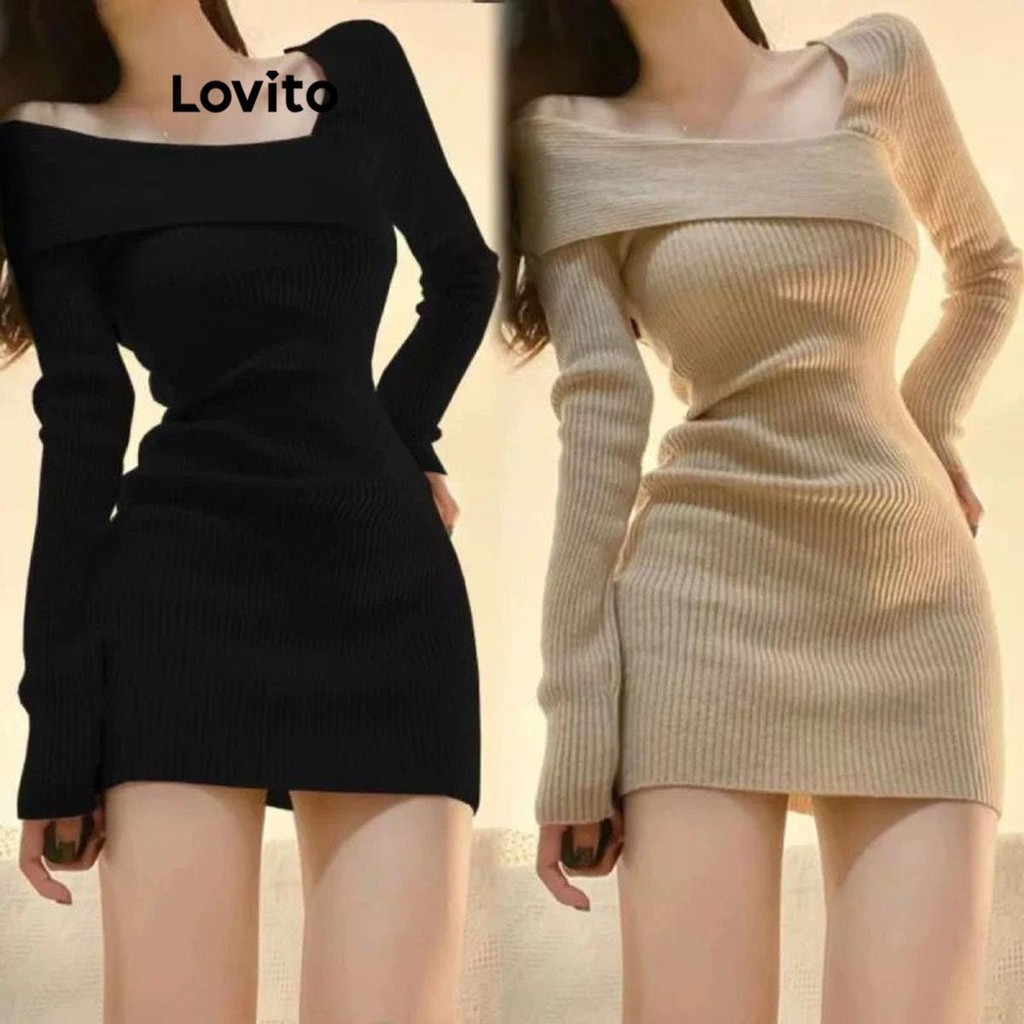 Lovito 女士休閒素色圖案毛衣連身裙 LCW02108