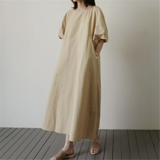 418連身裙韓國新款短袖洋裝素色慵懶圓領洋裝